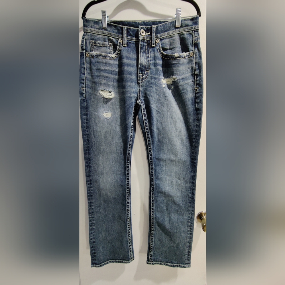 BKE Men's Distressed Straight Leg Blue Jeans